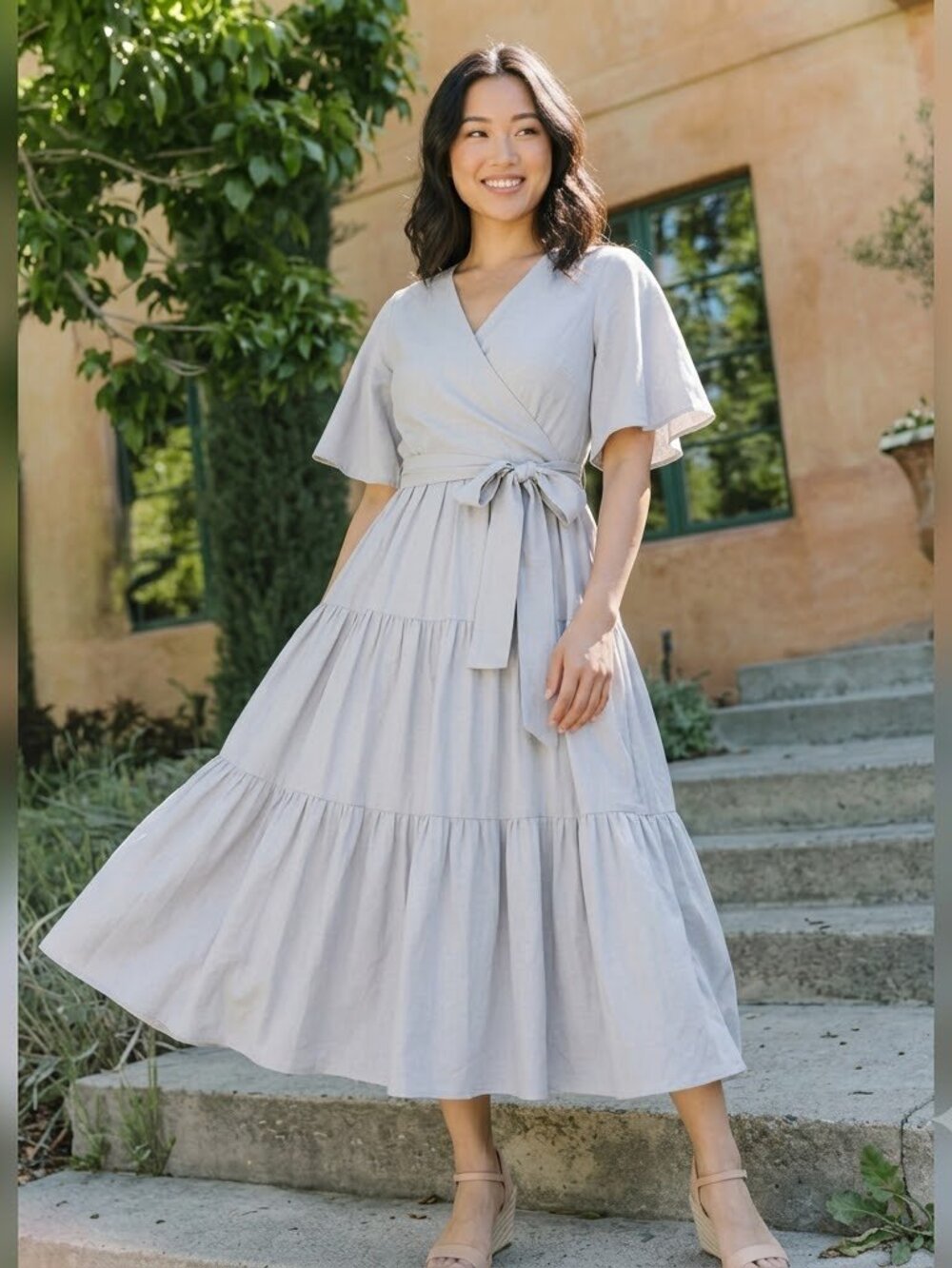 NWT Ivy City Co Haley Midi in Gray Faux Wrap Cotton Tiered Dress L